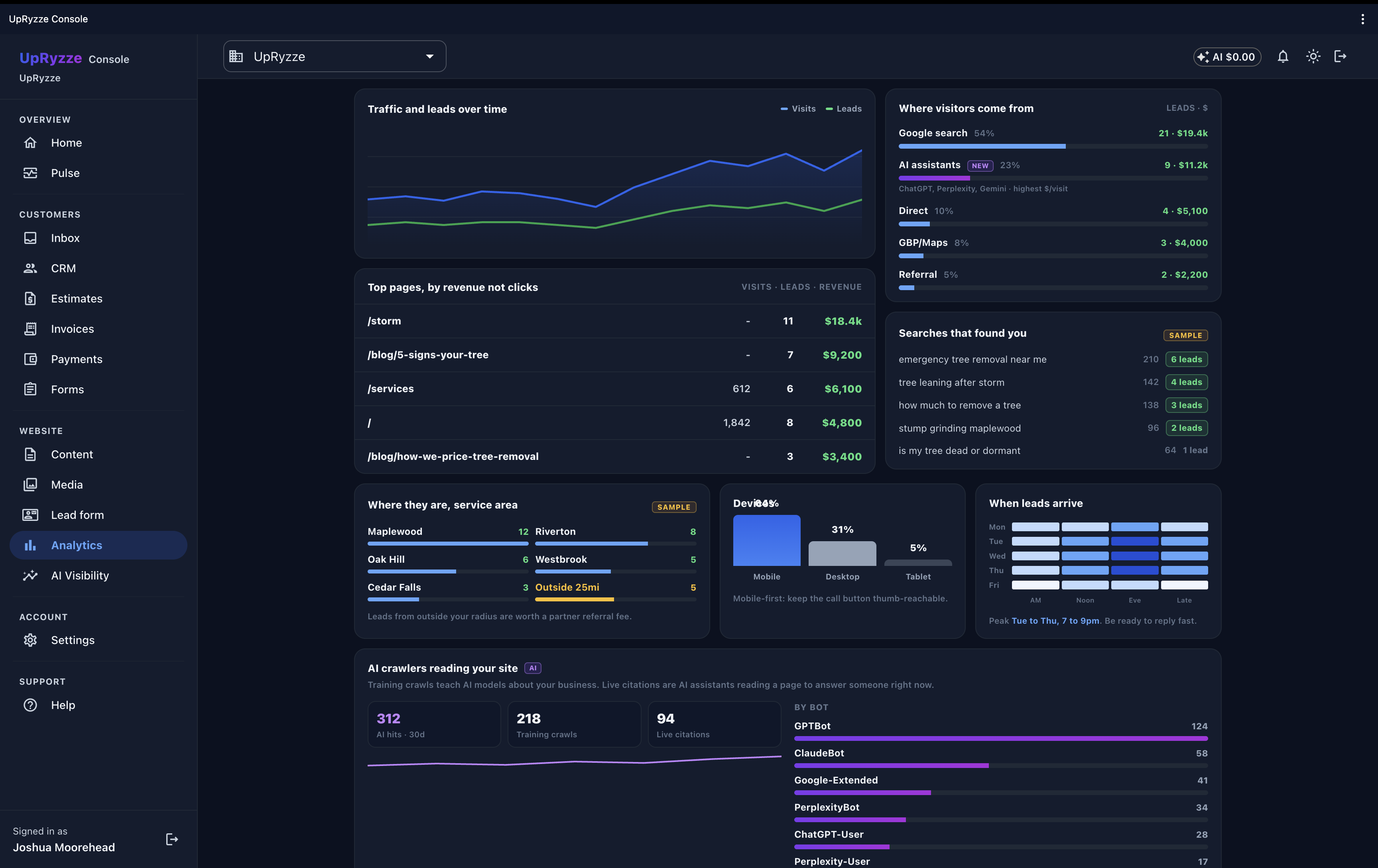 UpRyzze Console analytics: where visitors come from, with AI assistants (ChatGPT, Perplexity, Gemini) tracked as a channel worth $11.2k, top pages by revenue not clicks, and the AI crawlers reading your site