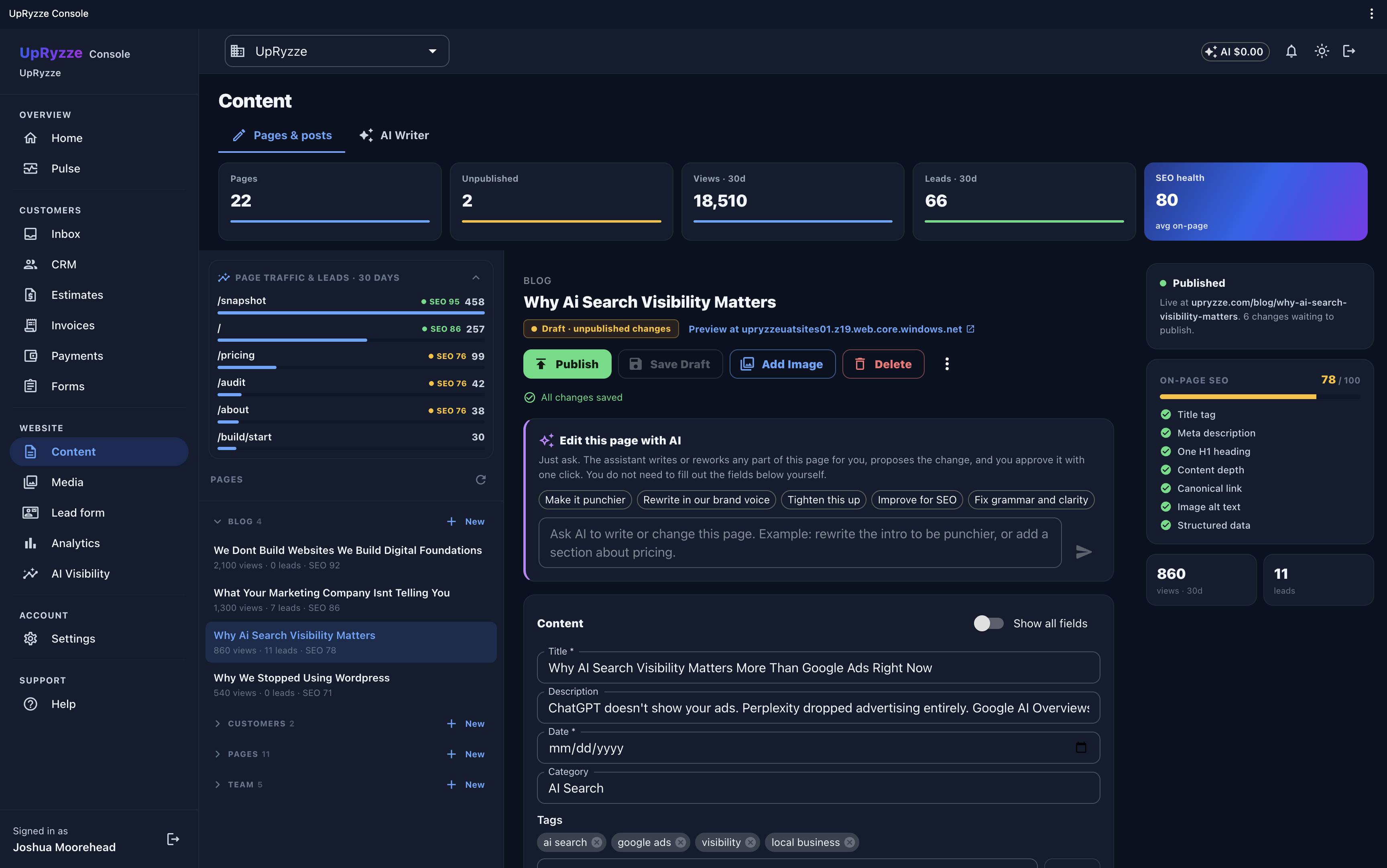 The UpRyzze content workspace: pages and posts with SEO health scores, traffic and leads per page, and an edit-this-page-with-AI panel