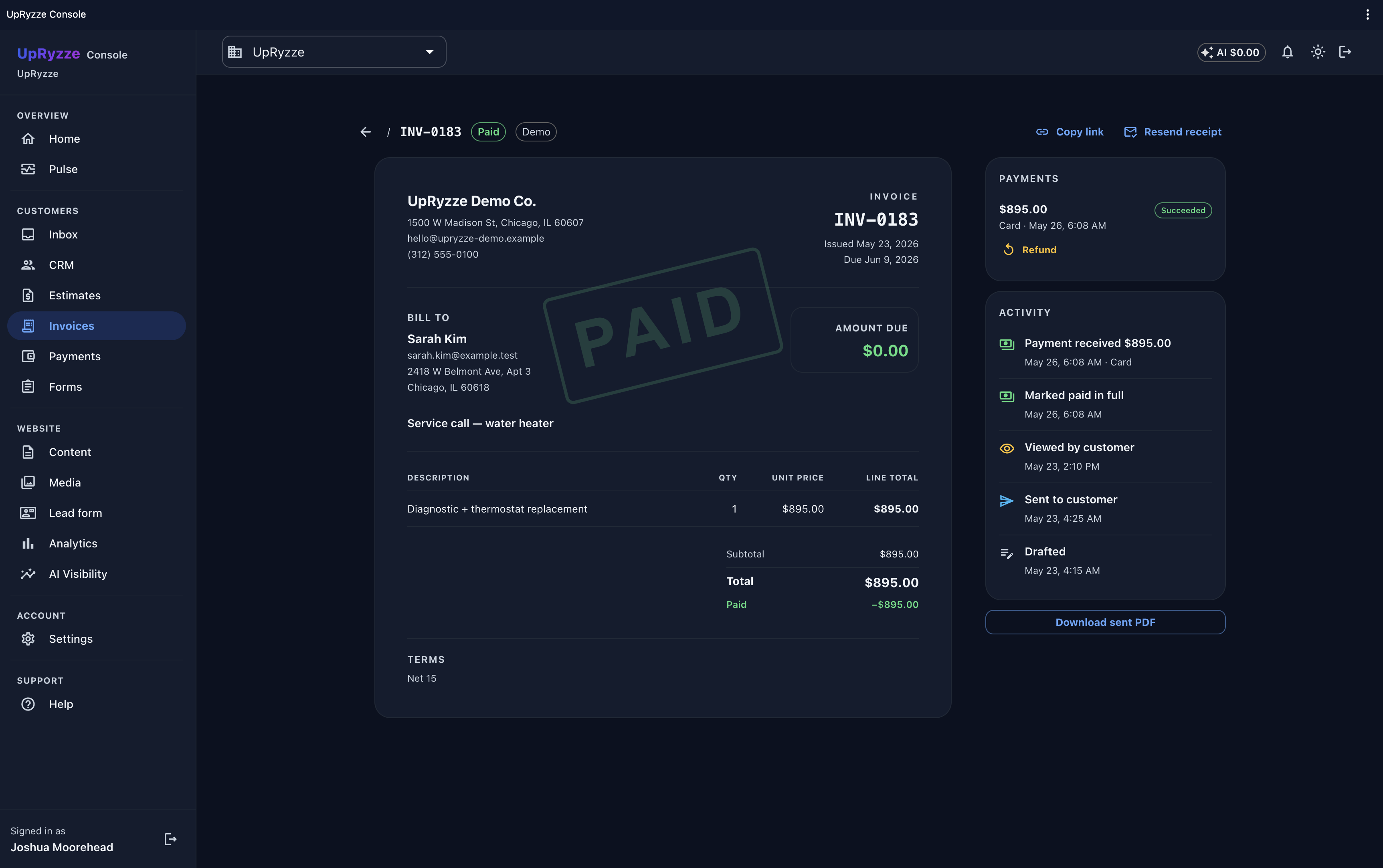 A paid UpRyzze invoice with line items, a PAID stamp, and a full activity trail from drafted to sent to viewed to payment received